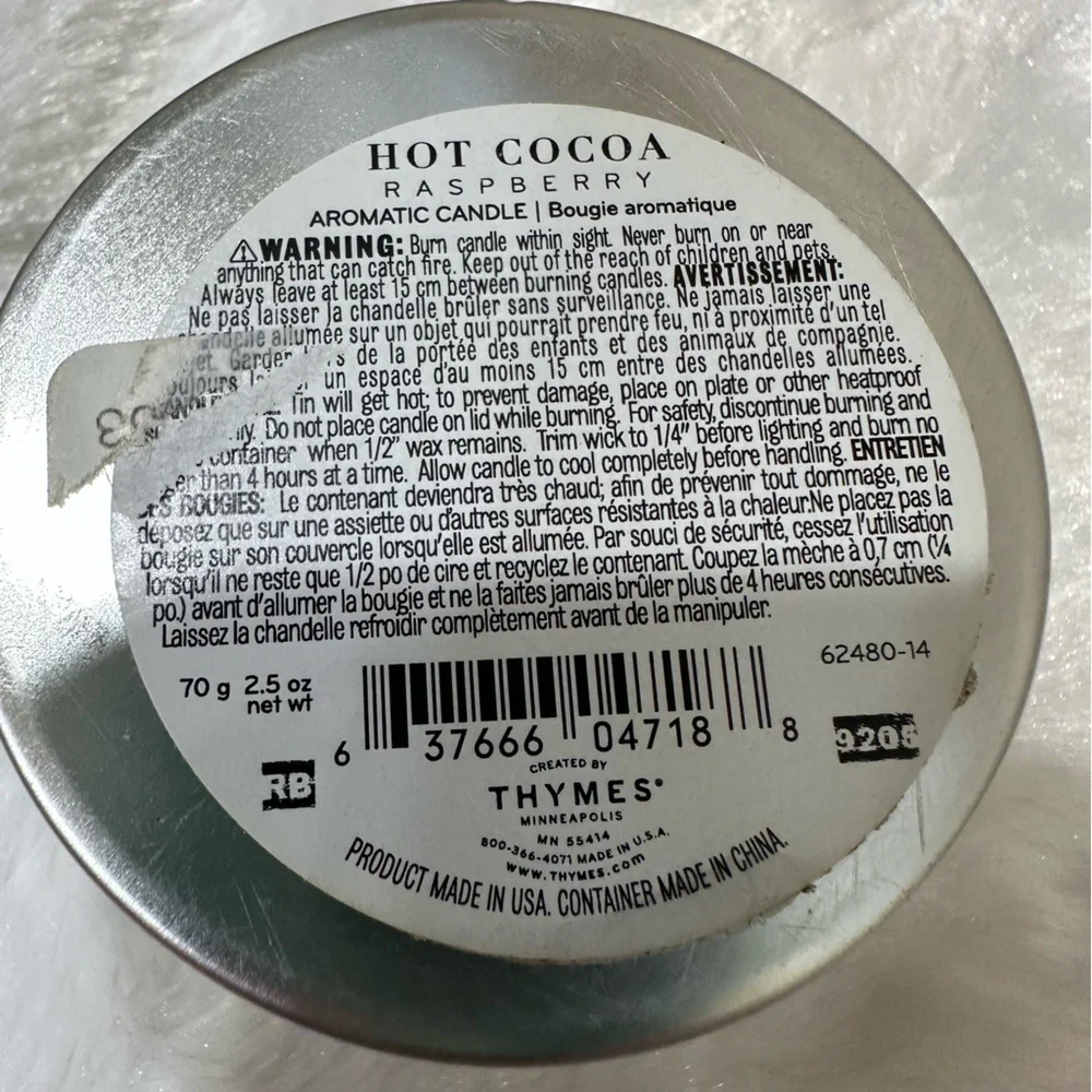 Thymes Hot Cocoa Raspberry Travel Tin Candle 2.5 oz GIFT